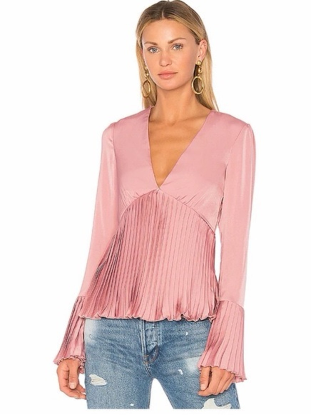NWT Lovers + Friends Pink Pleated V-Neck Long Sleeve Women's Top
